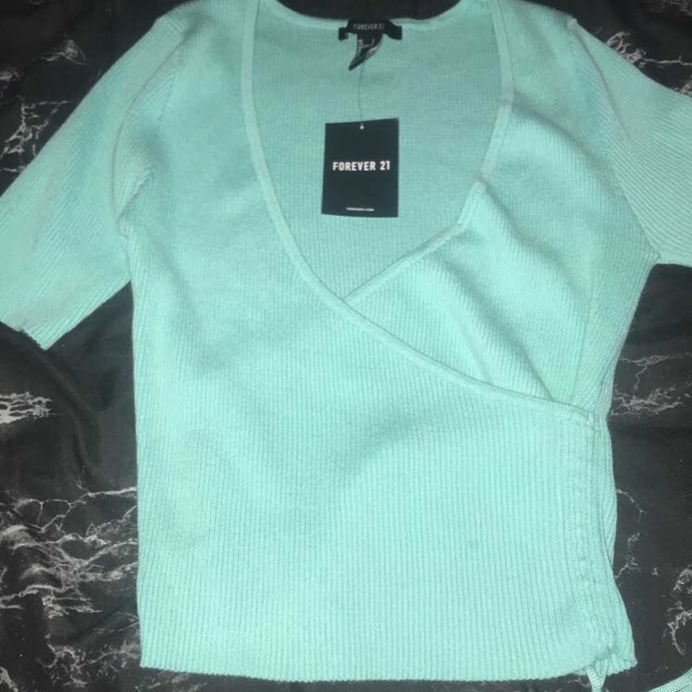 Turquoise ribbed wrap top